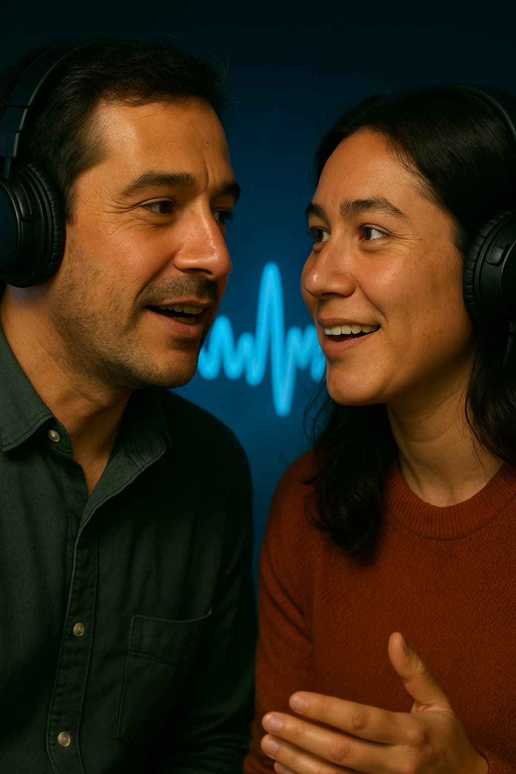 Personas escuchando radioteatro con tecnología 3D