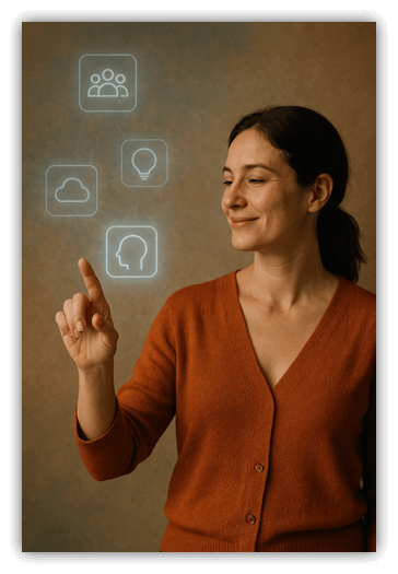 Mujer interactuando con tecnología para soluciones públicas