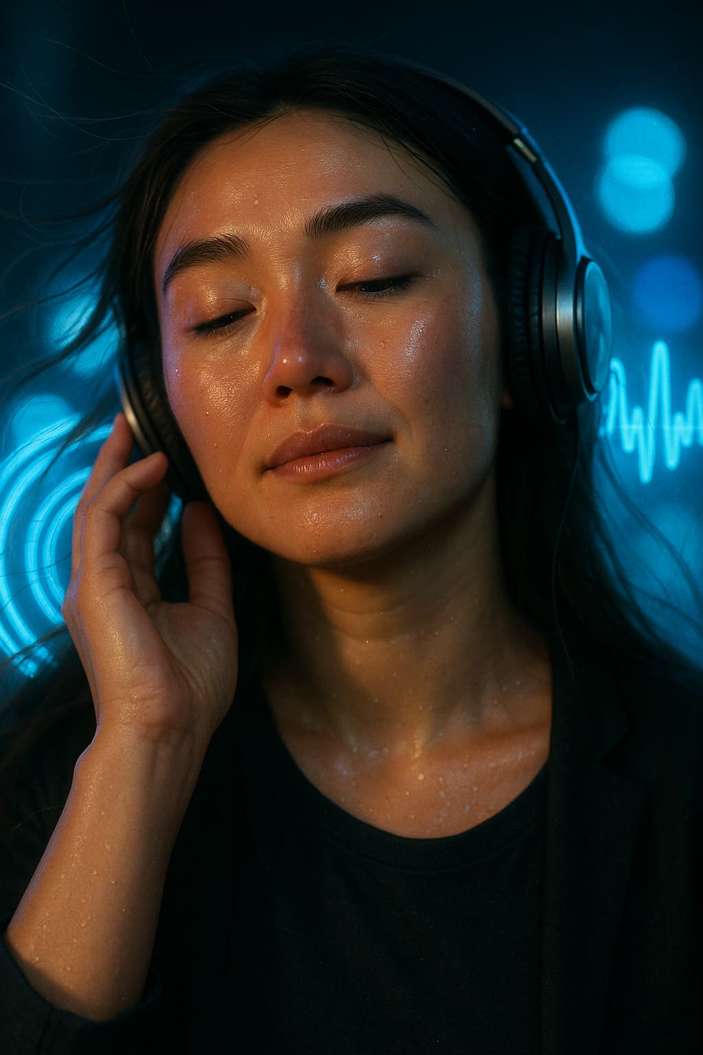 Mujer meditando con música relajante